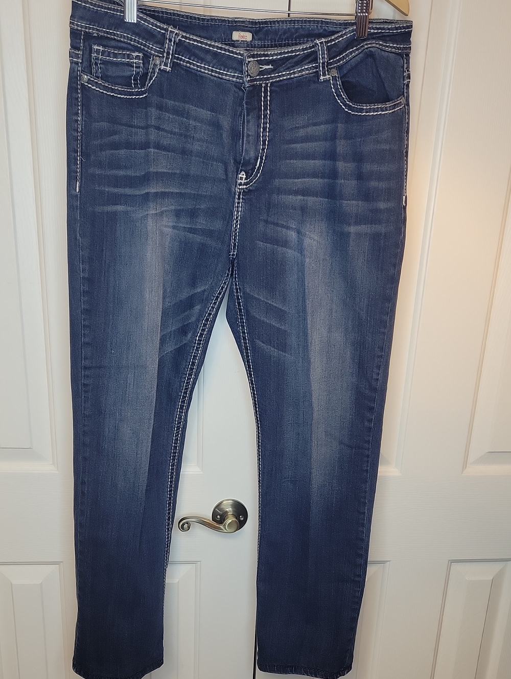 Reba Dark Blue Straight Leg Jeans with White Stitching
